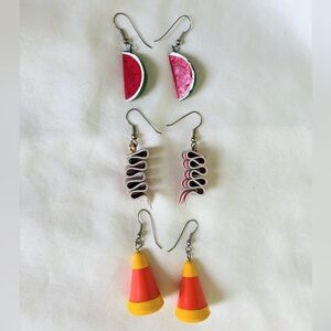 Set of 3 earrings: watermelon, ribbon candy, & candy corn, #kawaii #party